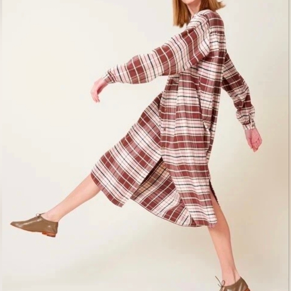 New Free People × Dr. Collectors Oversized Brown Plaid Buttondown Maxi Shirt